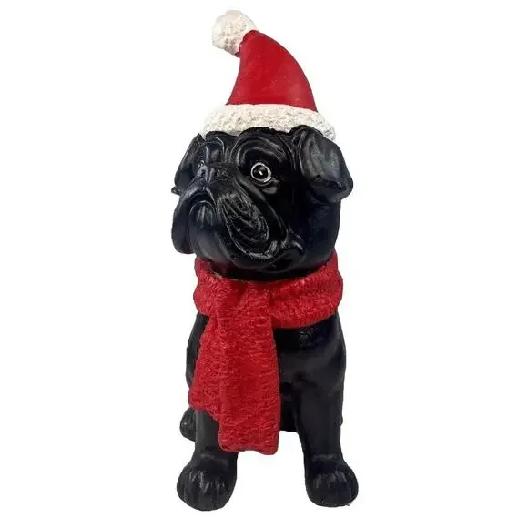 Black Pug Dog Statue Santa Hat Scarf Christmas Hand Painted Figurine 14” Tall - Picture 2 of 9